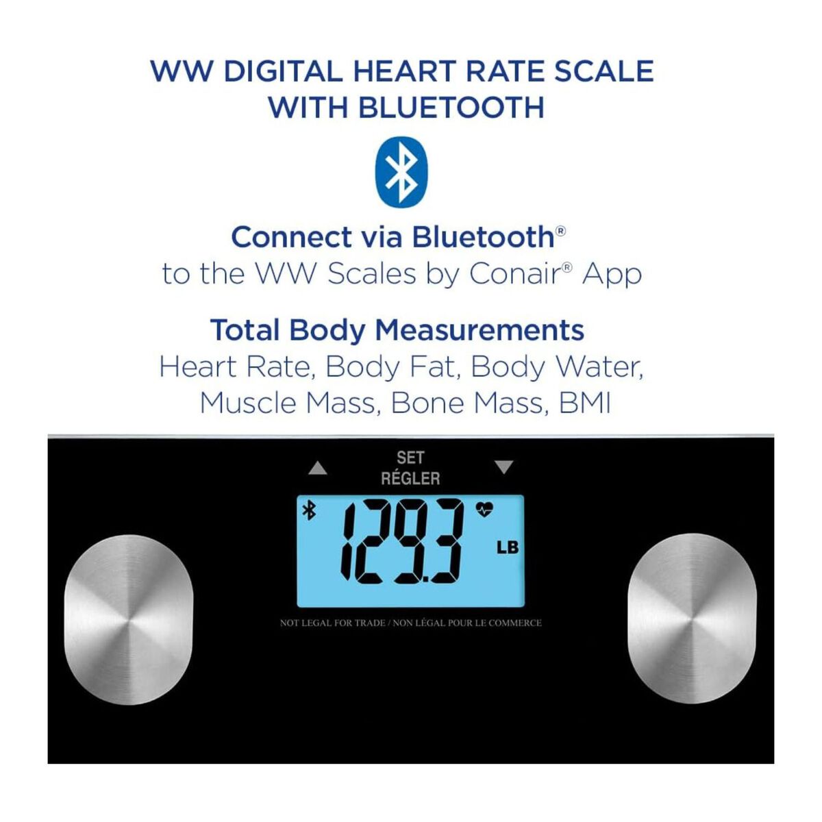 Conair WW Digital Heart Rate Scale with Bluetooth, Body Analysis, 400 lb Capacity, White Backlit Display, 1 Pk, , large 3