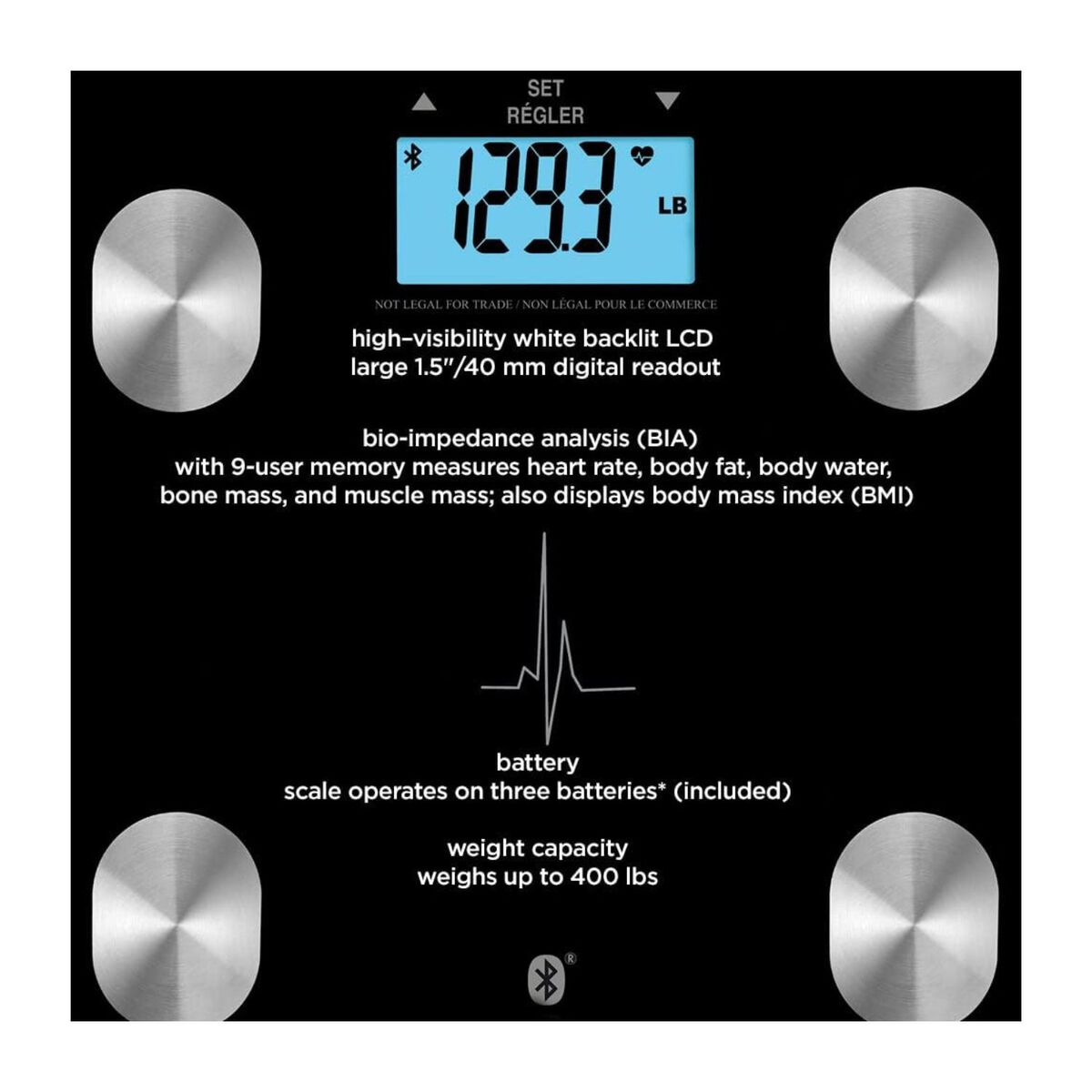 Conair WW Digital Heart Rate Scale with Bluetooth, Body Analysis, 400 lb Capacity, White Backlit Display, 1 Pk, , large 4