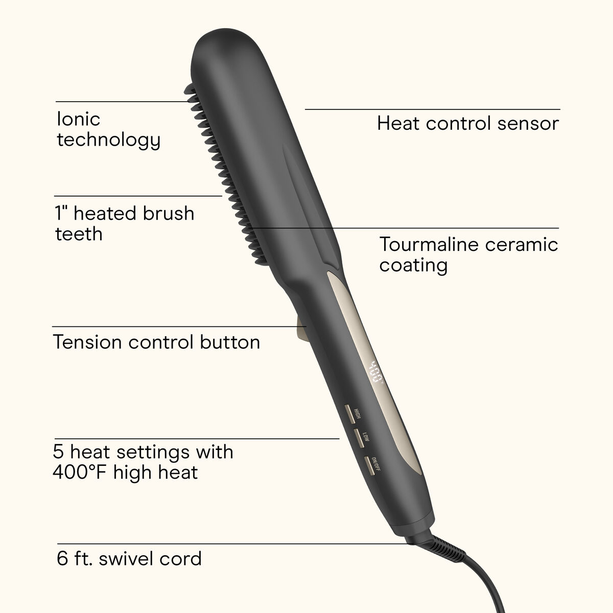 InfinitiPRO by Conair Brosse Lissante Ionique, C&eacute;ramique Tourmaline, Protection Anti-Br&ucirc;lure Et Contr&ocirc;le De Tension, Noir, 1 Paquet, , large 2