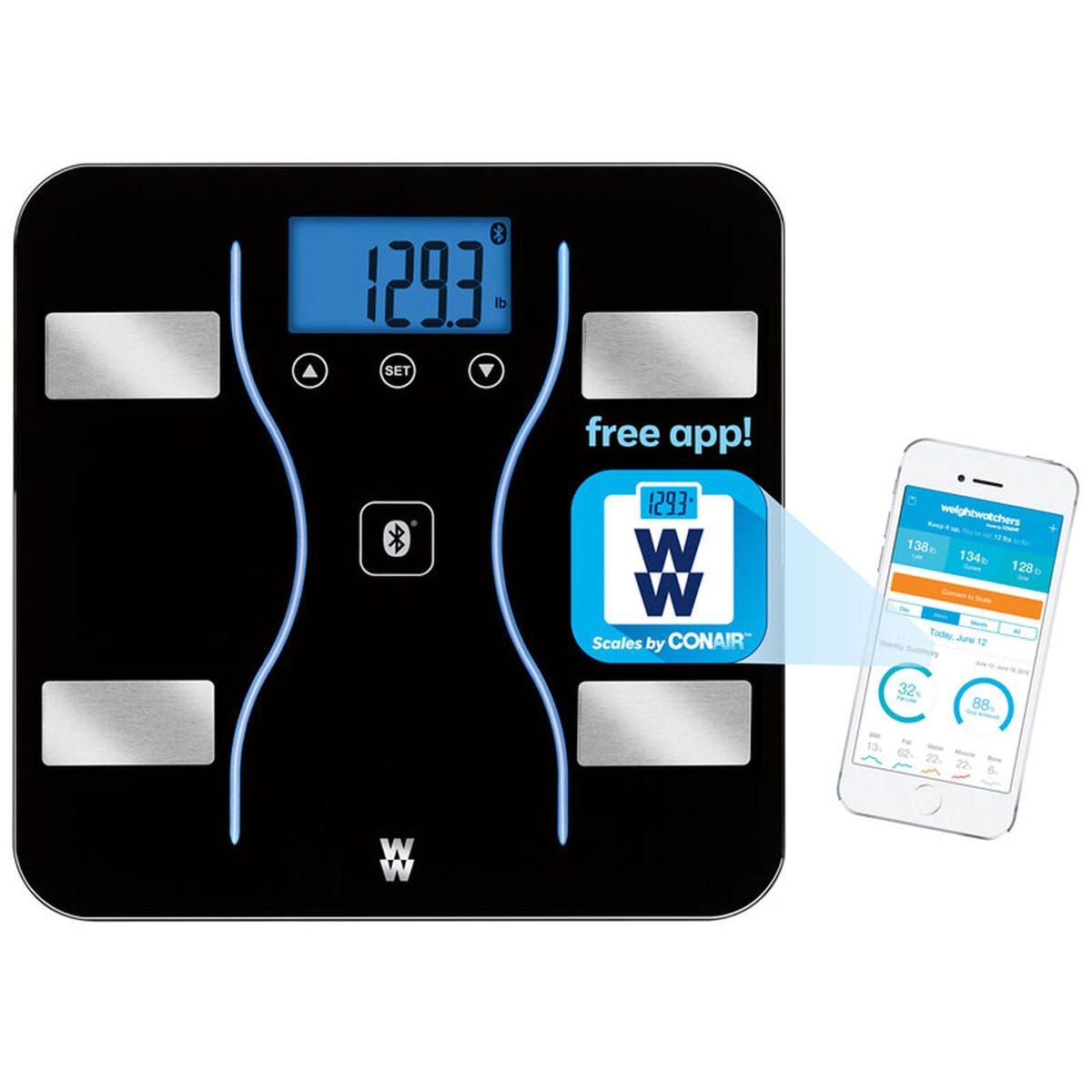 P&egrave;se-Personne Analyse Corporelle Bluetooth WeightWatchers, &Eacute;cran ACL Haute Visibilit&eacute;, Noir, 1 Paquet, , large 5