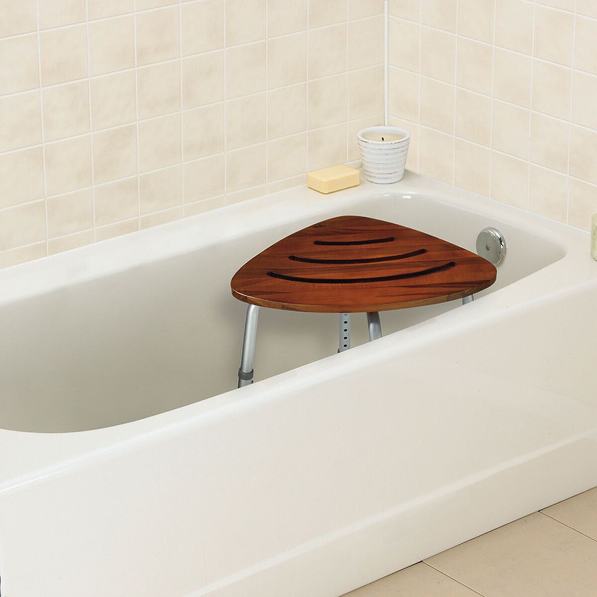 Banc douche en coin, teck